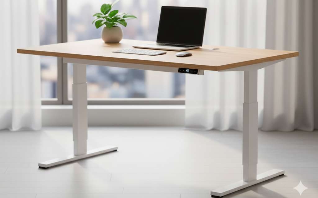 Modern home office with electric standing desk setup