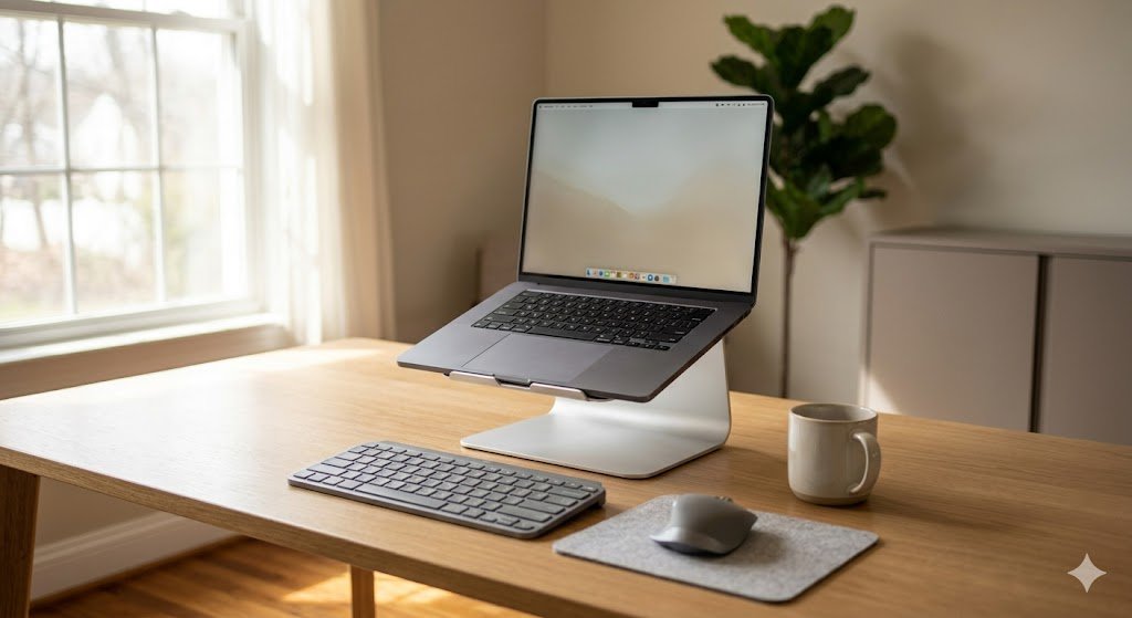 Nulaxy laptop stand holding MacBook on home office desk