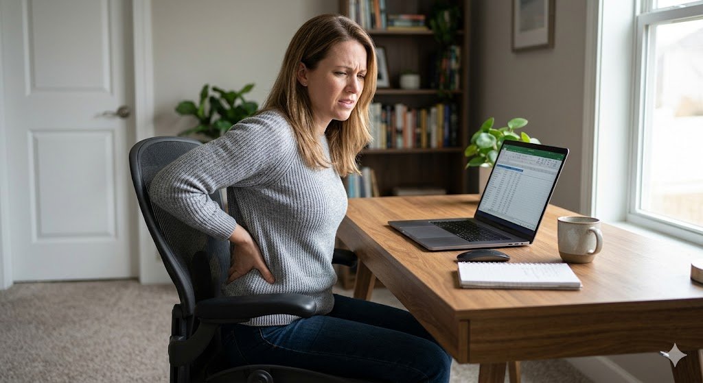 Person with back pain sitting at home office desk