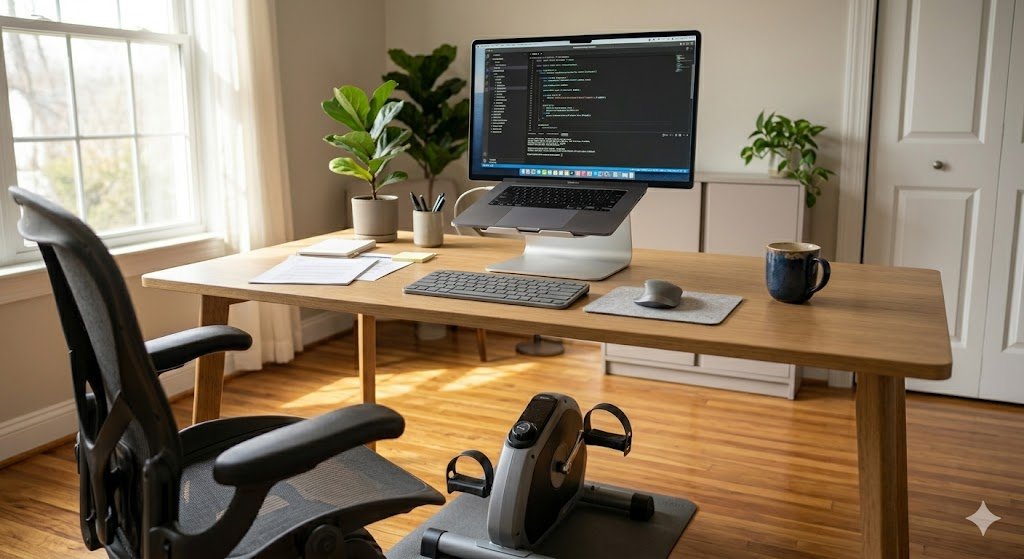 Home office desk setup with under desk bike for movement