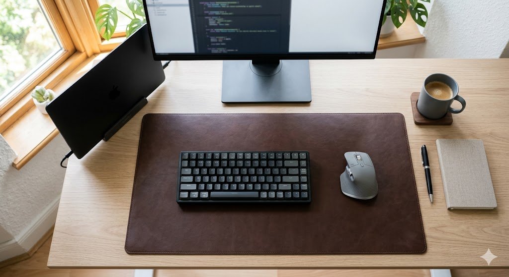 leather desk pad with keyboard and mouse on home office desk