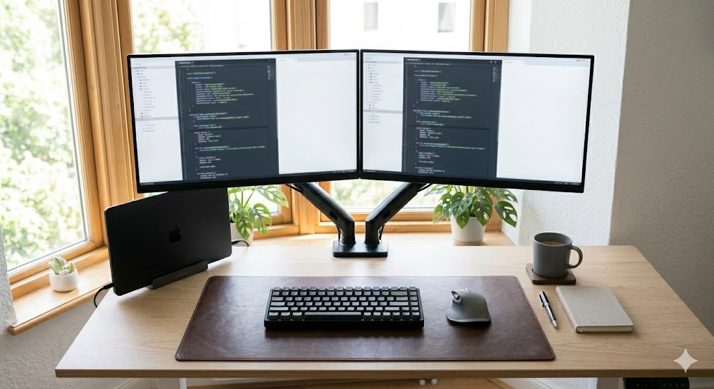 dual monitor setup on home office desk with monitor arms