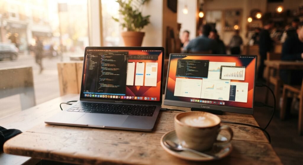 portable monitor for remote work - laptop and portable second screen at a café table